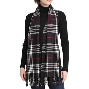 Janice Apparel Women's Faux Cashmere Scarf Black Plaid & Fringe Italian Design